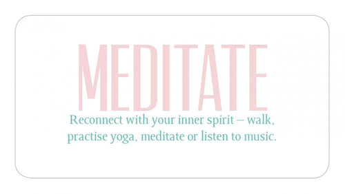 Text 'MEDITATE' with a call to action to reconnect with your inner spirit on a light gray background.