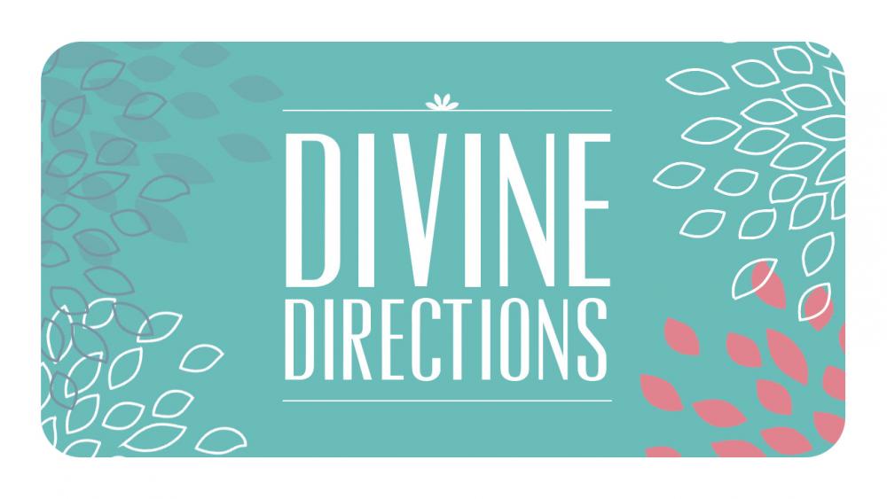 Teal card with 'Divine Directions' text and decorative elements on a white background