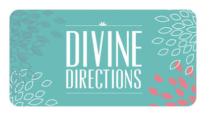 Teal card with 'Divine Directions' text and decorative elements on a white background