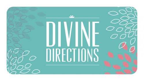 Teal card with 'Divine Directions' text and decorative elements on a white background