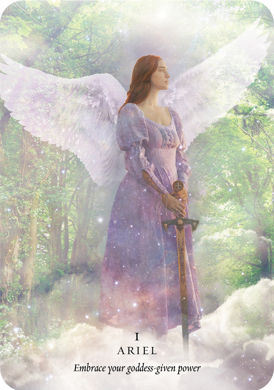 Angel in a forest holding a sword with 'I Ariel' text