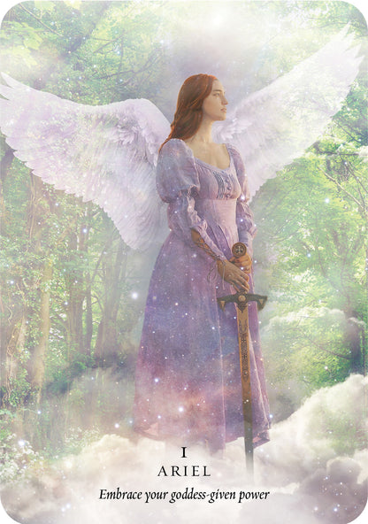 Angel in a forest holding a sword with 'I Ariel' text