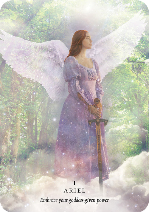 Angel in a forest holding a sword with 'I Ariel' text