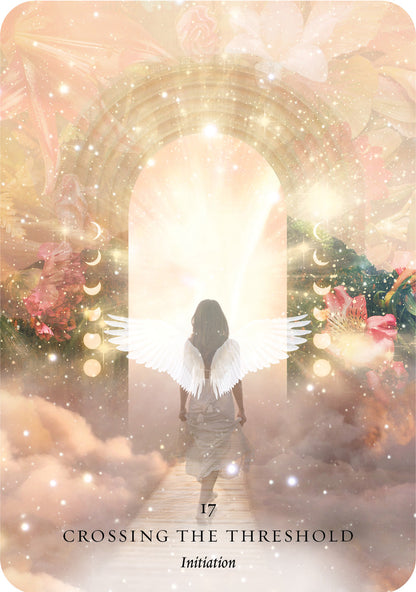Person with wings standing at a door labeled 'Crossing the Threshold: Initiation' with a celestial background.