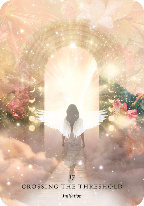 Person with wings standing at a door labeled 'Crossing the Threshold: Initiation' with a celestial background.