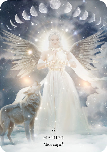 Card featuring an angel with wings and a wolf, under a starry sky with moon phases.