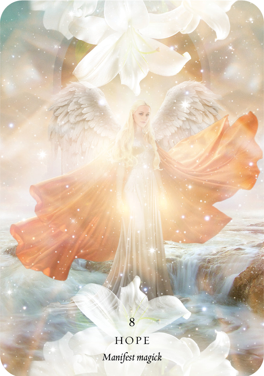 Card with a figure in a flowing dress surrounded by light and nature elements, labeled 'Hope'.