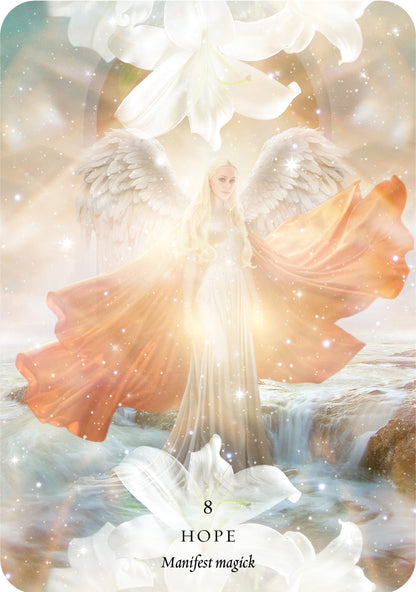 Card with a figure in a flowing dress surrounded by light and nature elements, labeled 'Hope'.
