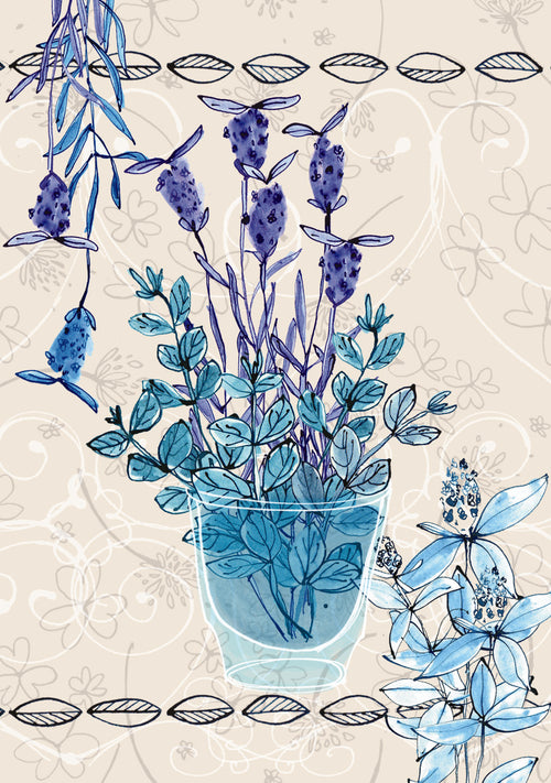 Decorative illustration of blue flowers in a vase on a light background
