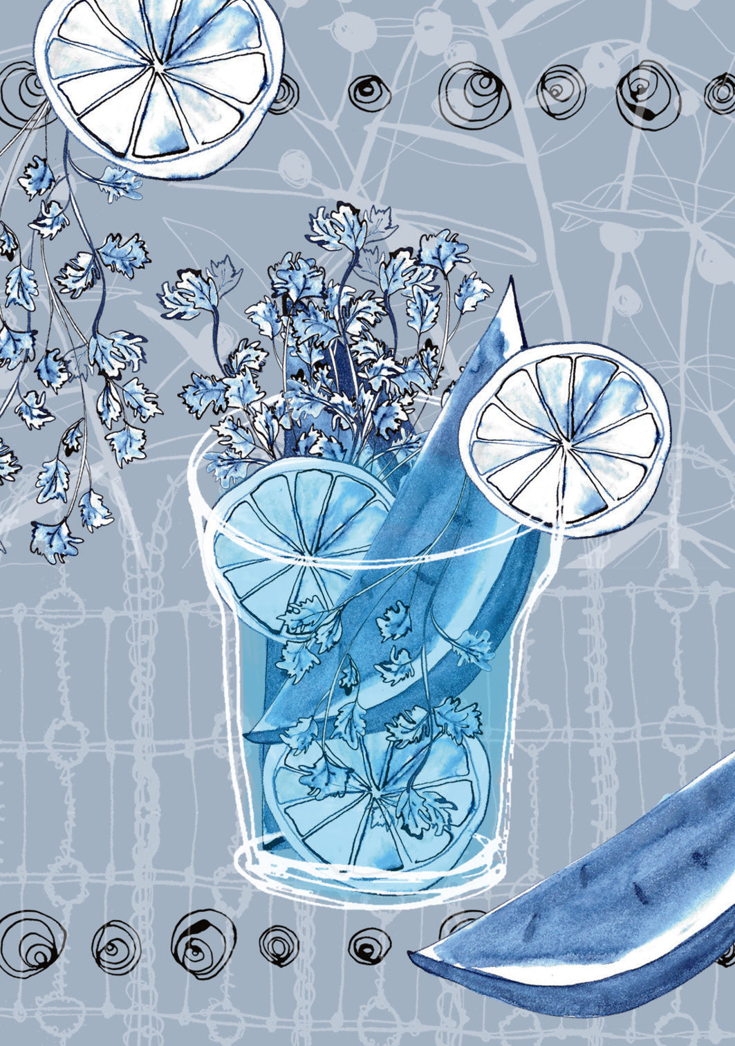 Illustration of a glass with lemon slices, flowers, and a blue straw on a light blue background.