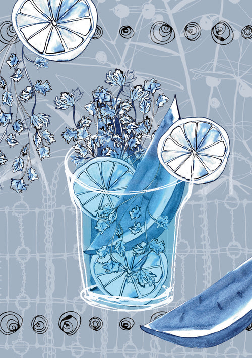 Illustration of a glass with lemon slices, flowers, and a blue straw on a light blue background.
