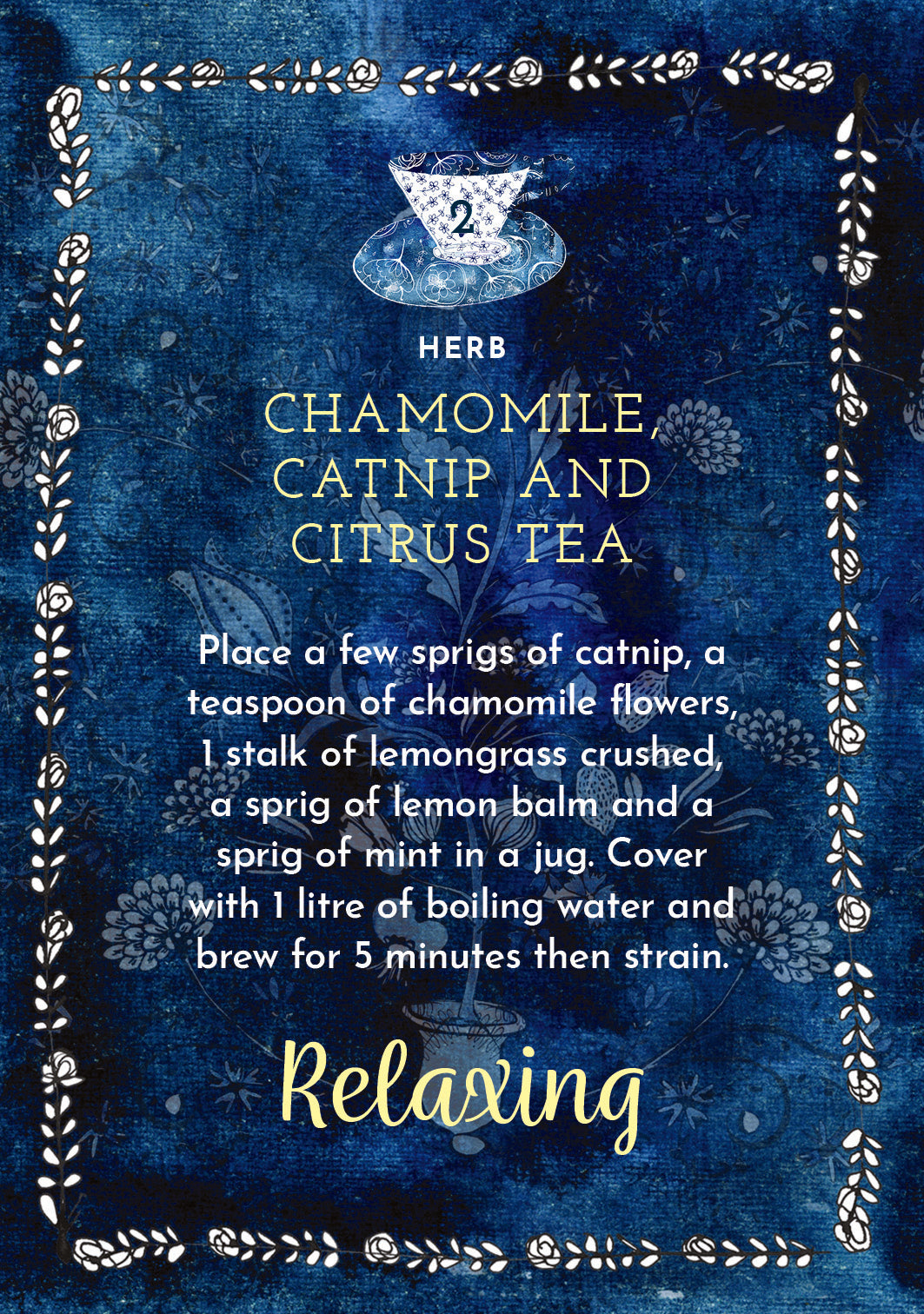 Tea label with chamomile, catnip, and citrus tea recipe on a blue floral background