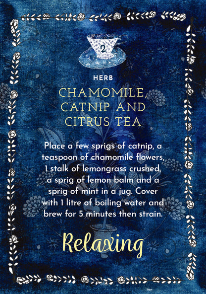Tea label with chamomile, catnip, and citrus tea recipe on a blue floral background