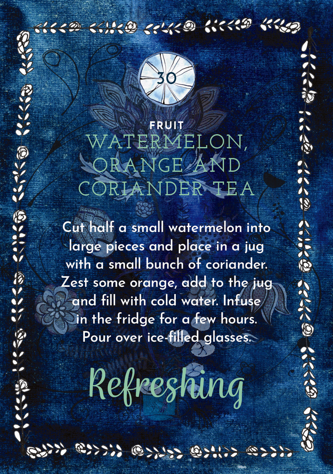 Recipe card for watermelon, orange, and coriander tea on a blue background with decorative elements.