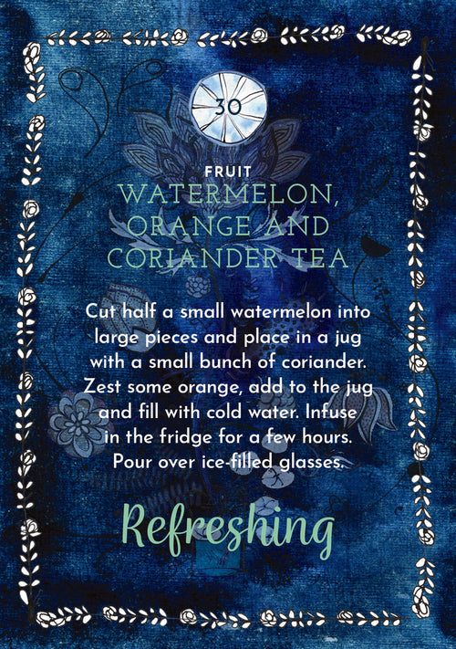 Recipe card for watermelon, orange, and coriander tea on a blue background with decorative elements.