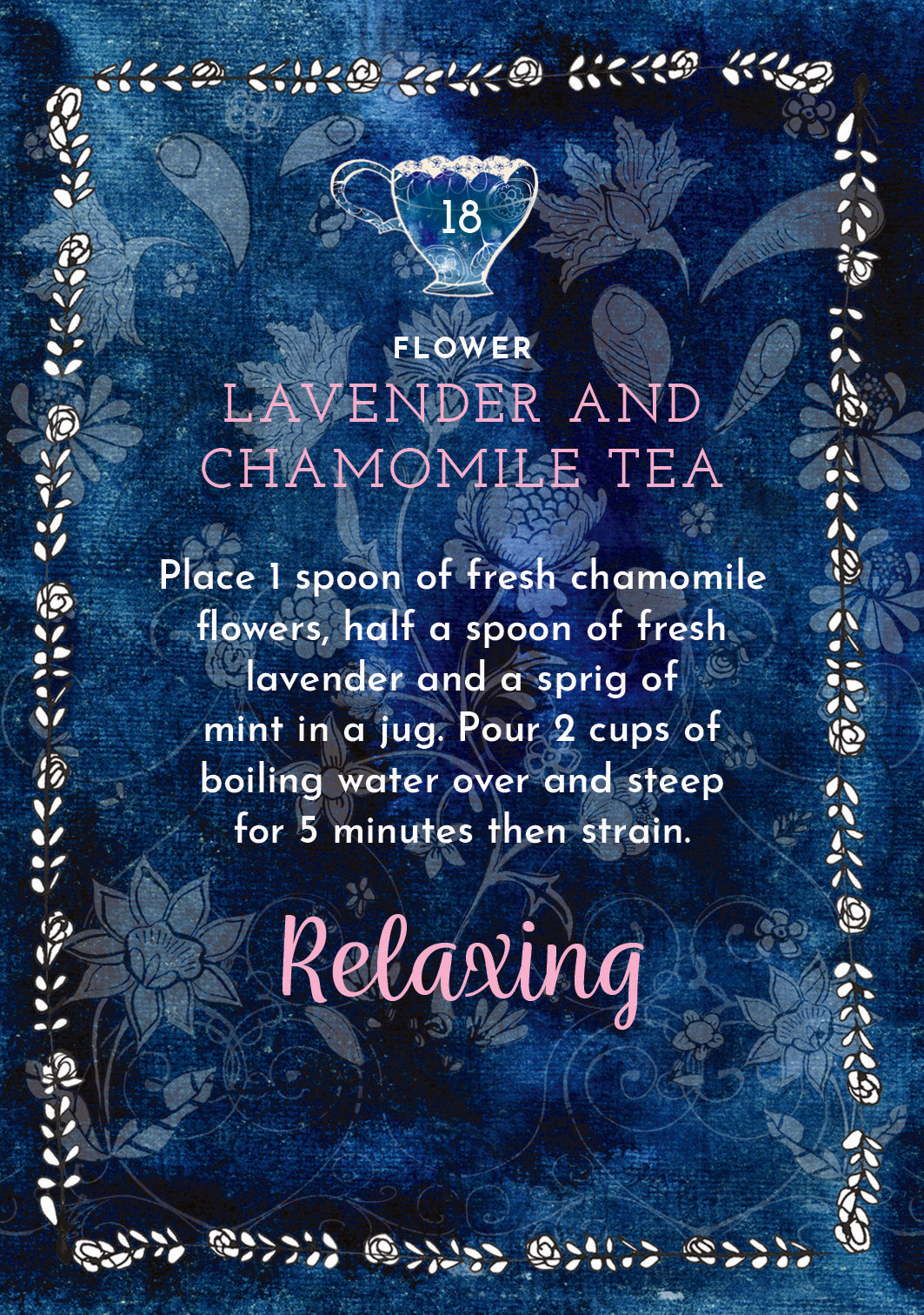Tea label for lavender and chamomile tea with decorative elements on a blue background
