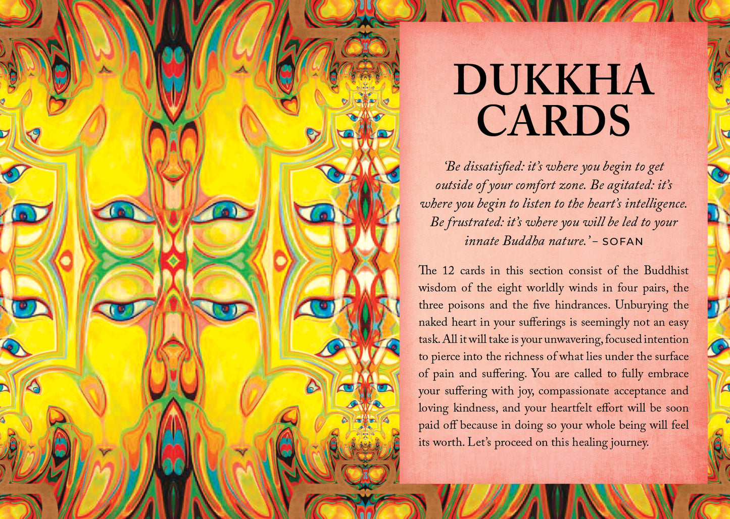 Cover of 'Dukkha Cards' with colorful abstract design and text.
