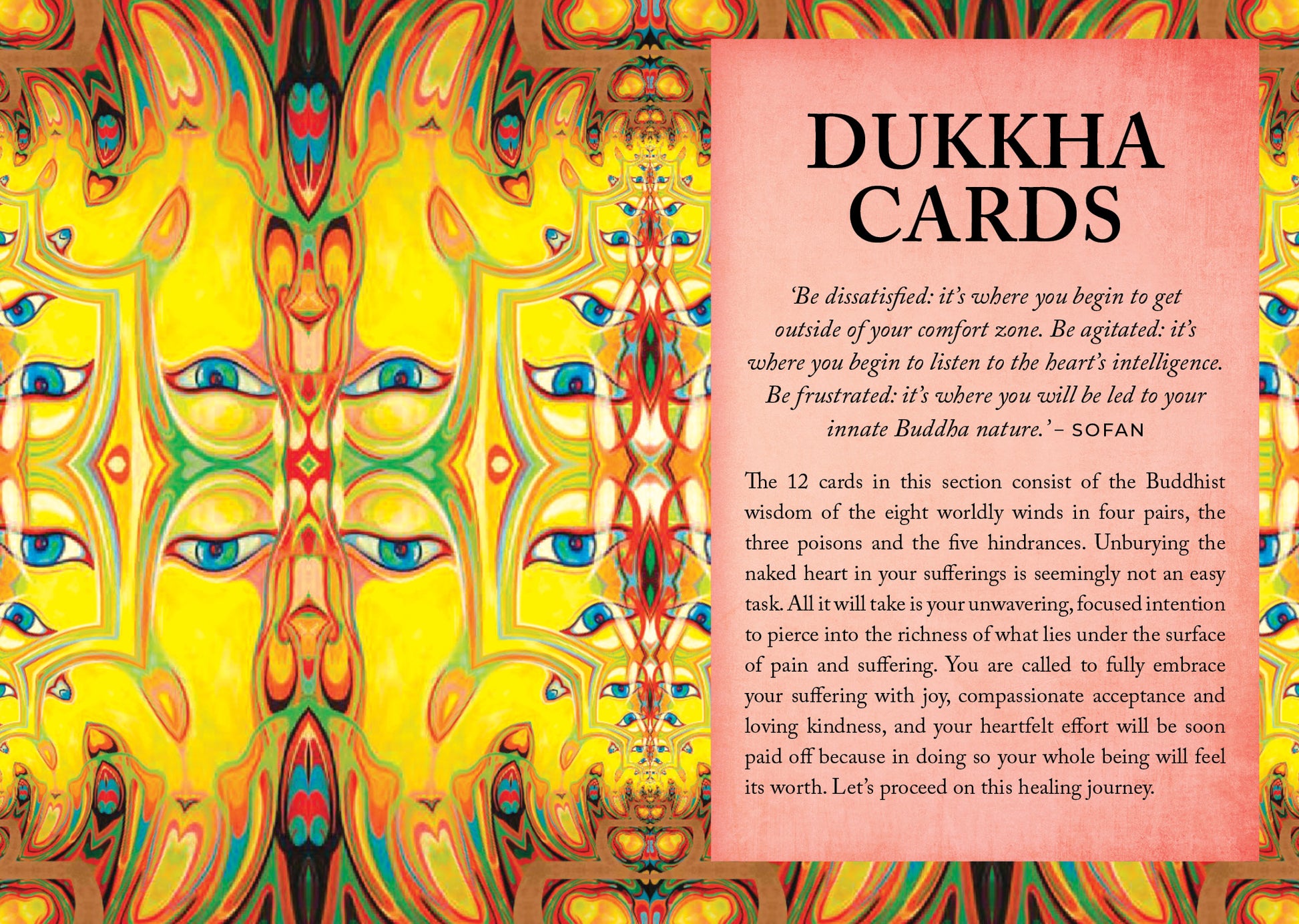 Cover of 'Dukkha Cards' with colorful abstract design and text.