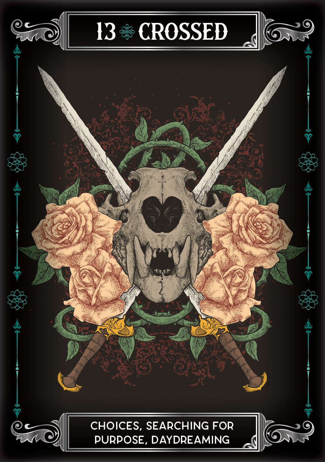 Artistic design featuring a skull with crossed swords and roses, labeled '13 Crossed'.