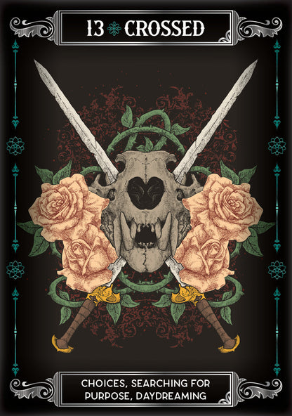 Artistic design featuring a skull with crossed swords and roses, labeled '13 Crossed'.