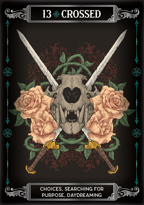 Artistic design featuring a skull with crossed swords and roses, labeled '13 Crossed'.