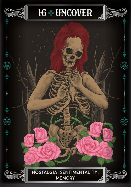 Skeletal figure with red hair and pink roses on a dark background
