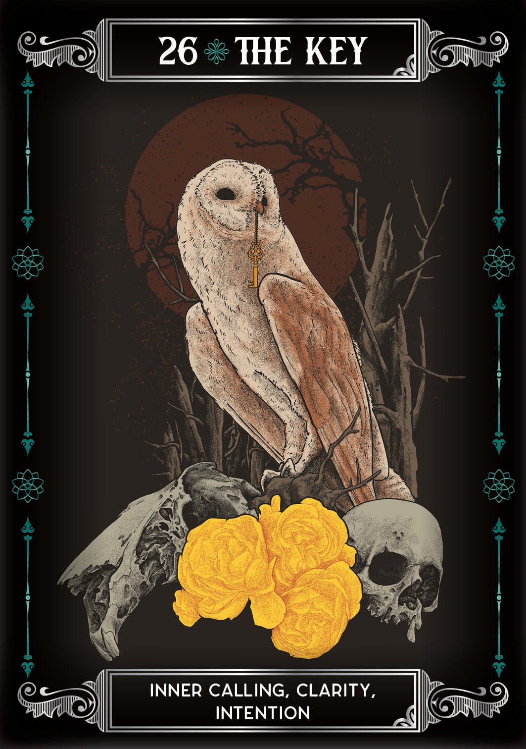 Tarot card featuring an owl, skull, and flowers with '26 The Key' at the top.