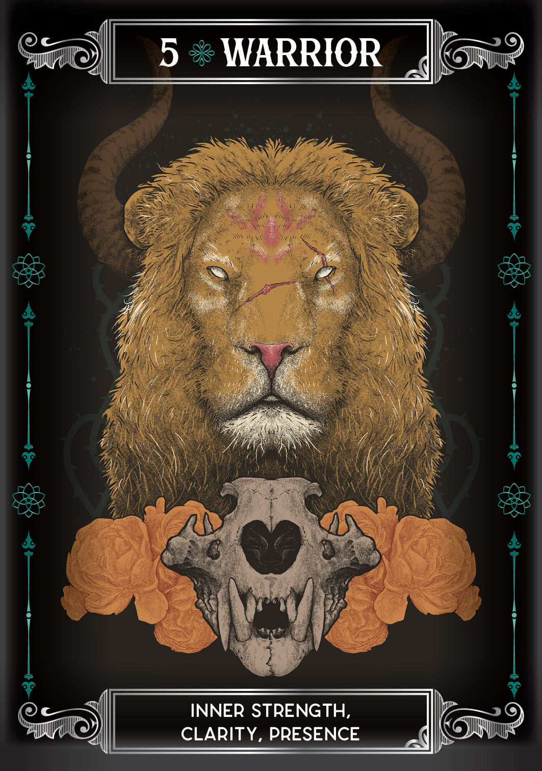 Card featuring a lion's head with a skull, labeled 'Warrior' and '5', on a dark background.