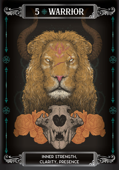 Card featuring a lion's head with a skull, labeled 'Warrior' and '5', on a dark background.