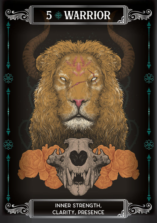 Card featuring a lion's head with a skull, labeled 'Warrior' and '5', on a dark background.