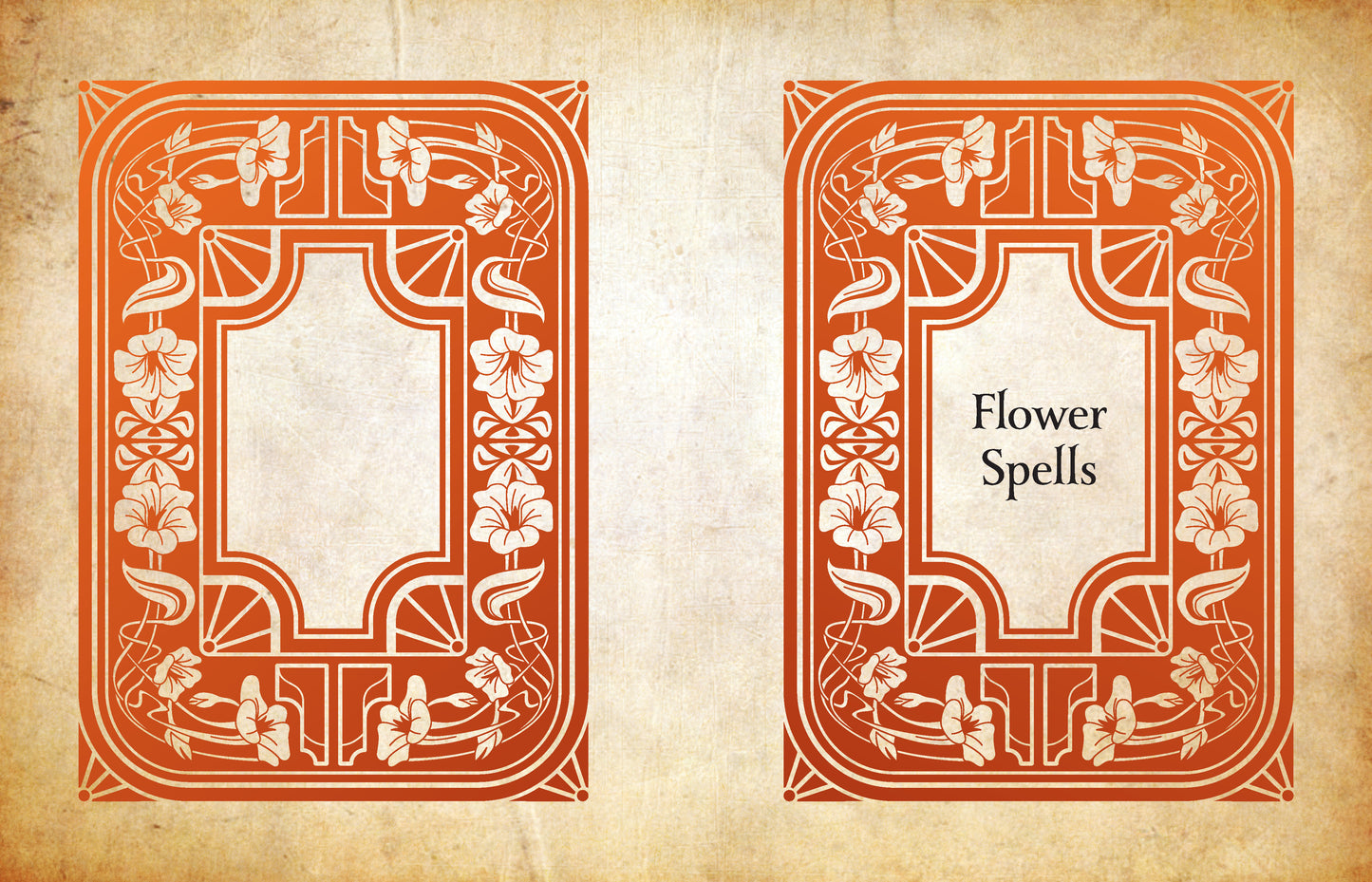 Decorative book cover design with floral patterns on a textured beige background