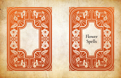 Decorative book cover design with floral patterns on a textured beige background