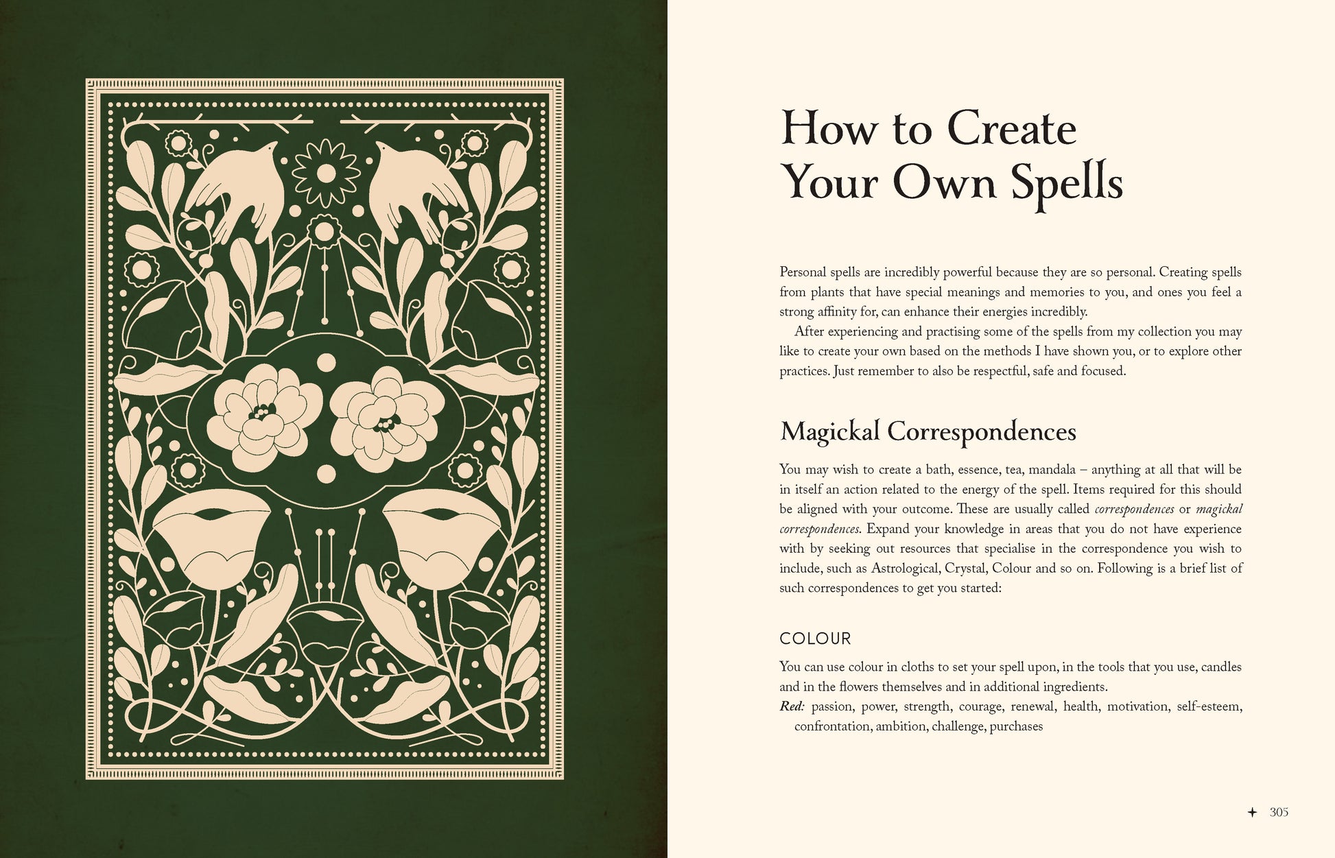 Magical spellbook page with floral design and text on a green background