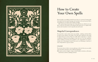 Magical spellbook page with floral design and text on a green background