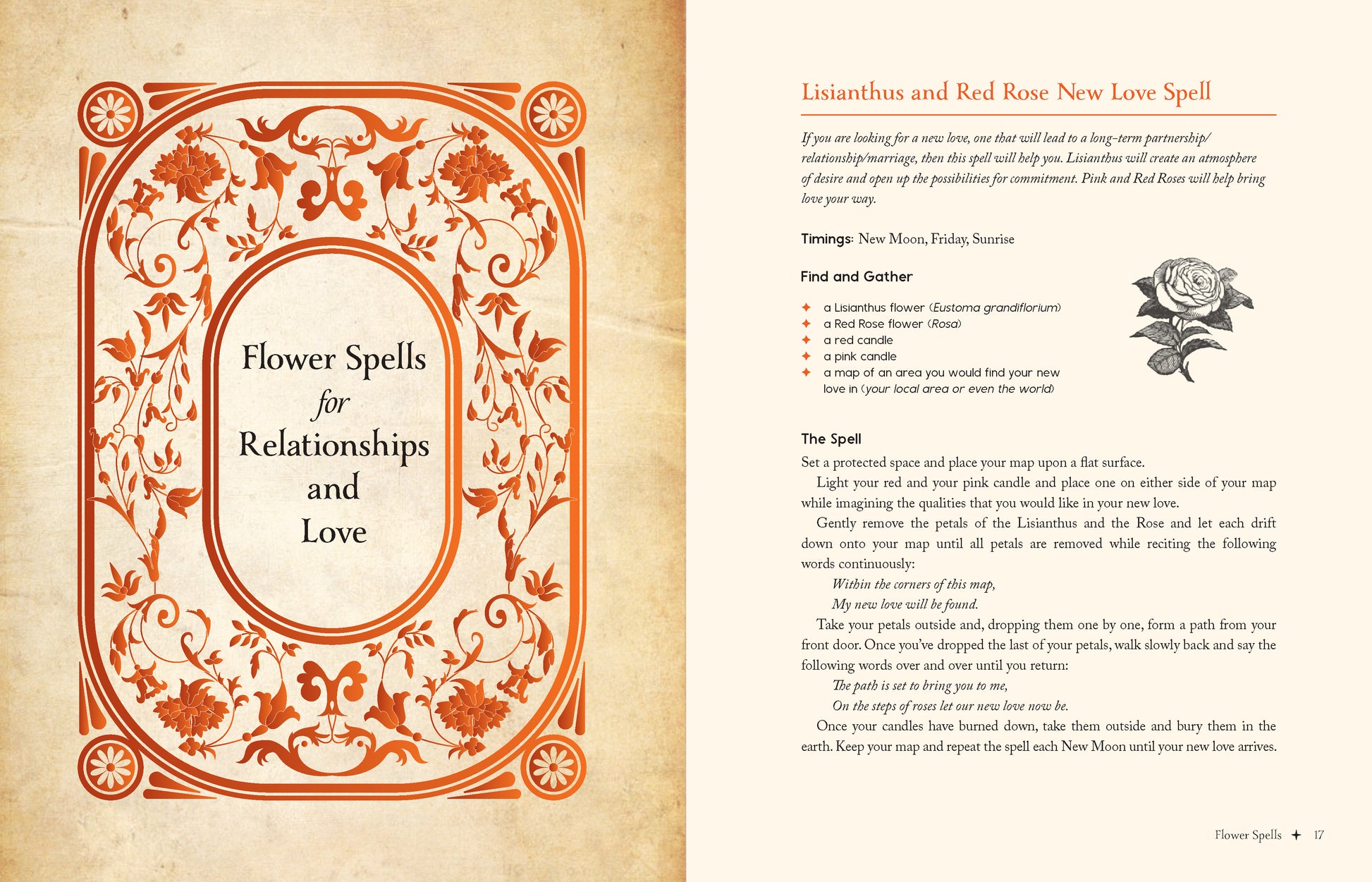 Book page with decorative floral design and text on a textured beige background