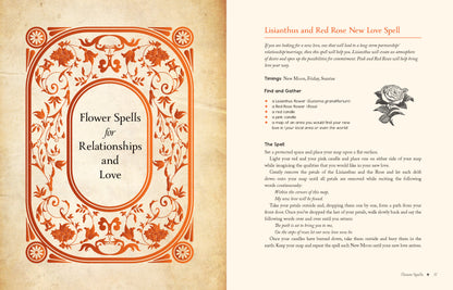 Book page with decorative floral design and text on a textured beige background
