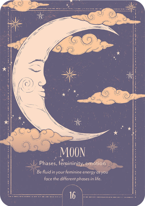 Card with a stylized moon face, clouds, and stars on a purple background.