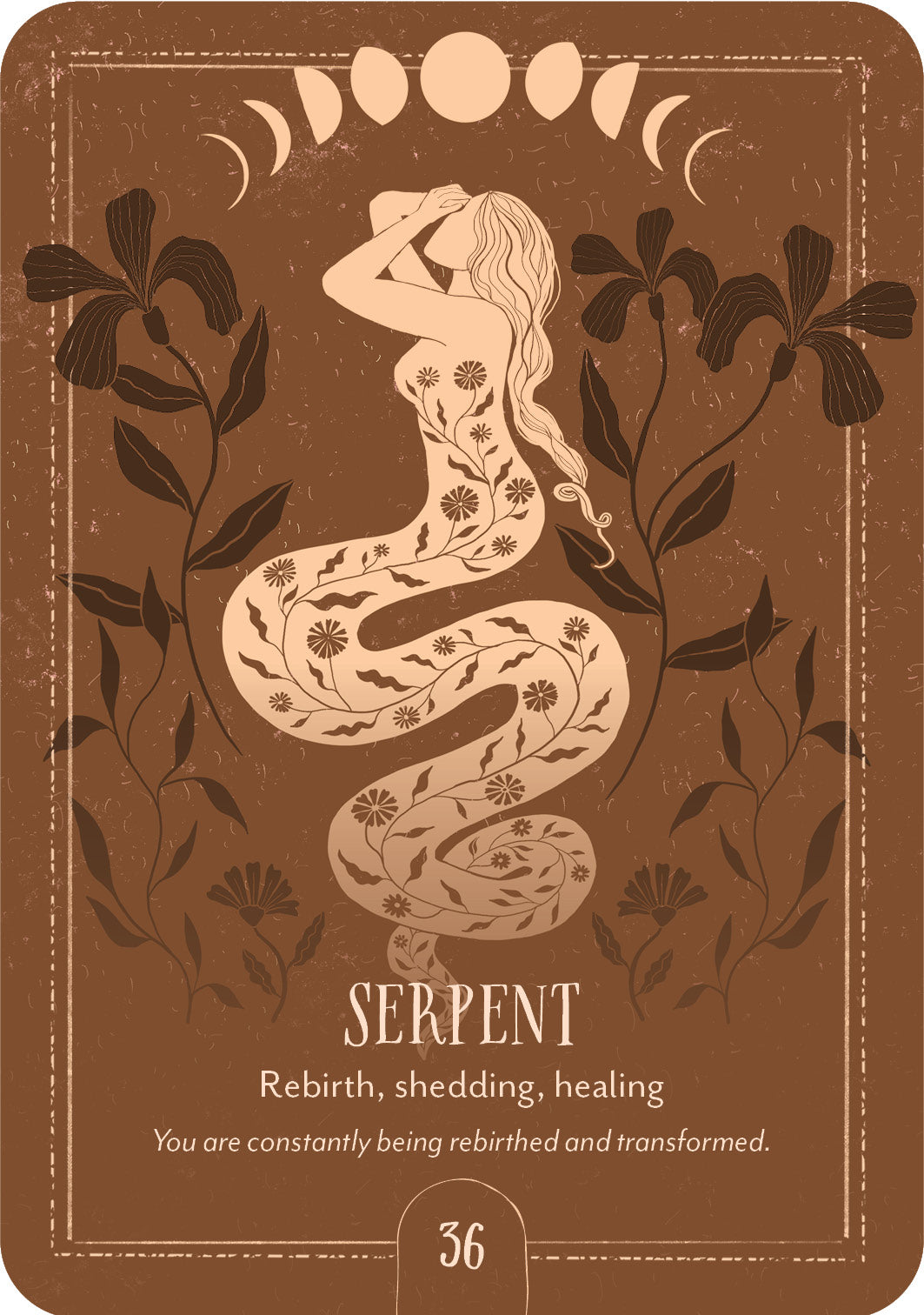 Card featuring a stylized serpent with moon phases and floral elements on a brown background.