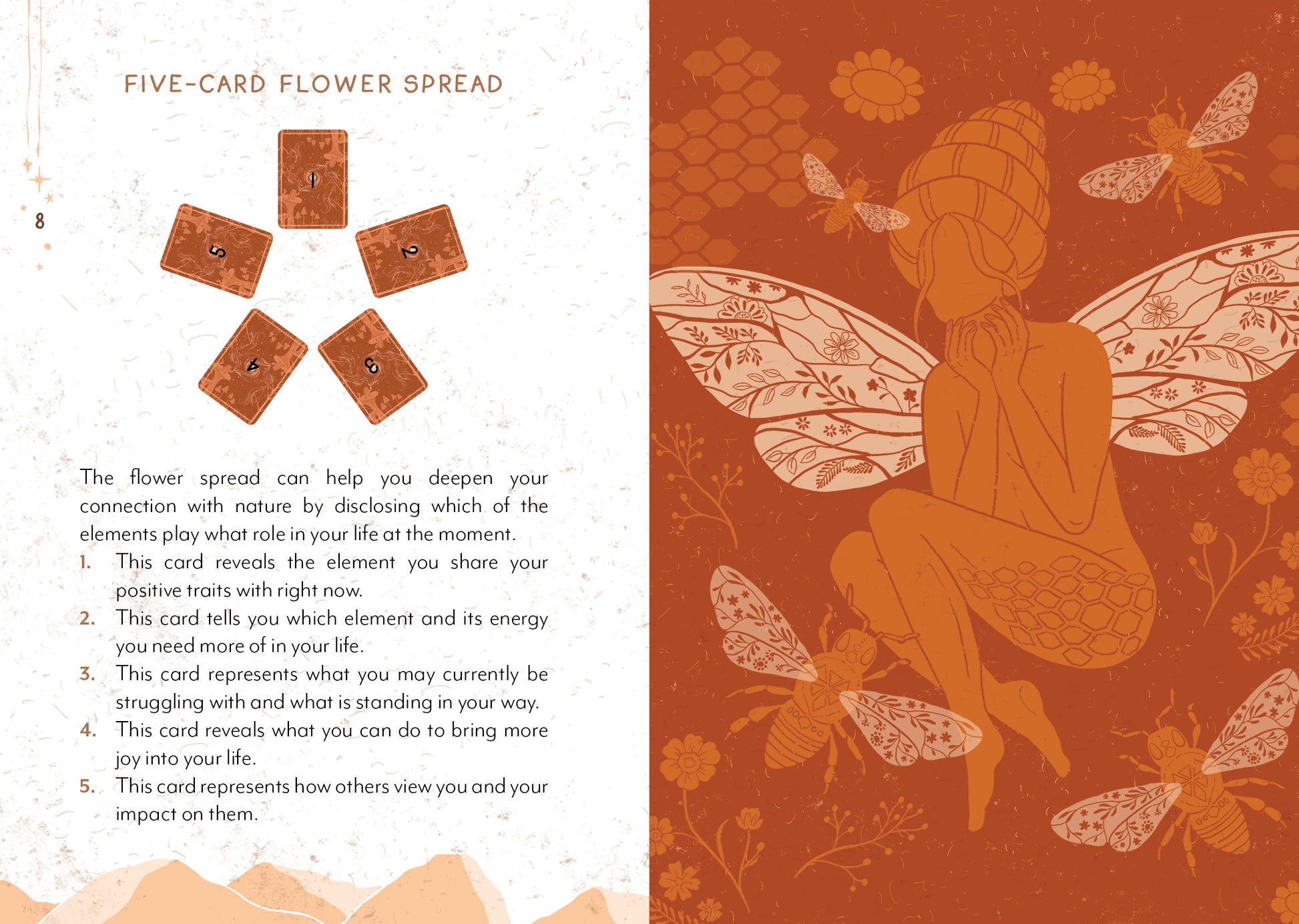 Illustration of a fairy surrounded by flowers and bees with text on a red background.