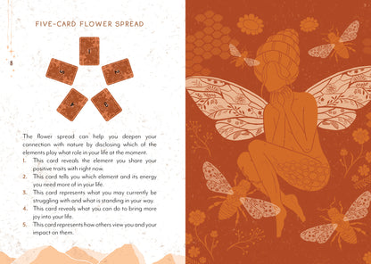 Illustration of a fairy surrounded by flowers and bees with text on a red background.