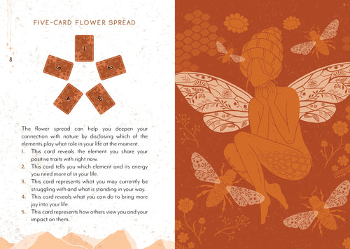 Illustration of a fairy surrounded by flowers and bees with text on a red background.