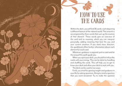 Card deck guide with nature-themed illustrations and text on how to use the cards.