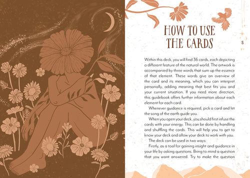 Card deck guide with nature-themed illustrations and text on how to use the cards.