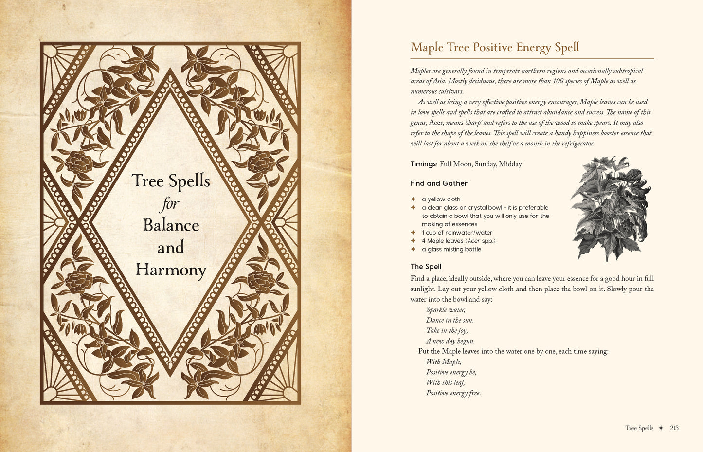 Magical spellbook page with tree spells for balance and harmony on a textured background.