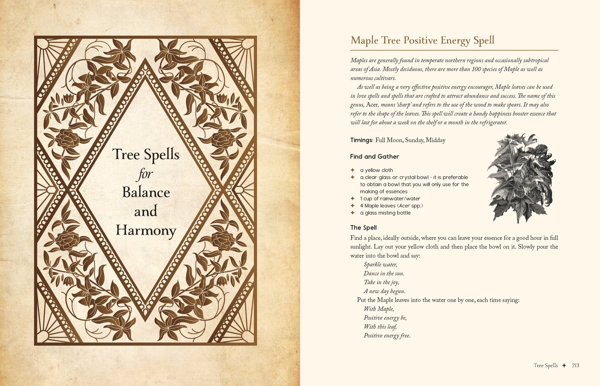 Magical spellbook page with tree spells for balance and harmony on a textured background.