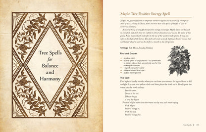 Magical spellbook page with tree spells for balance and harmony on a textured background.