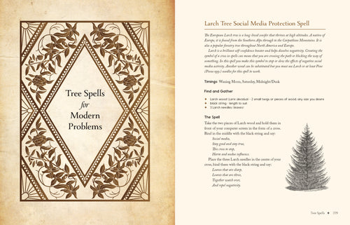 Magical spellbook page with tree spells for modern problems and a larch tree illustration.