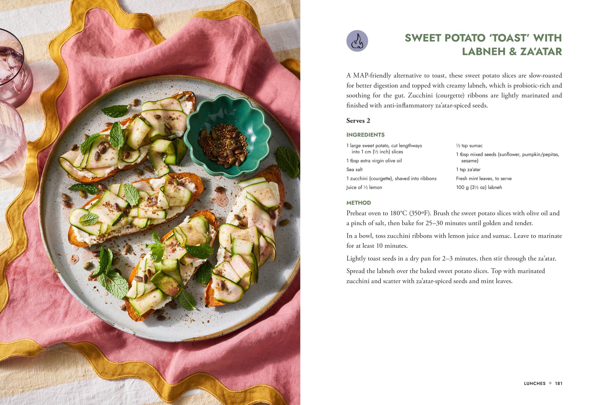 Plate of sweet potato toast with labneh and za'atar on a pink cloth, recipe on the right.