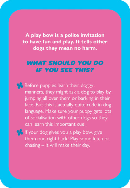Educational card about dog behavior with text on a pink background