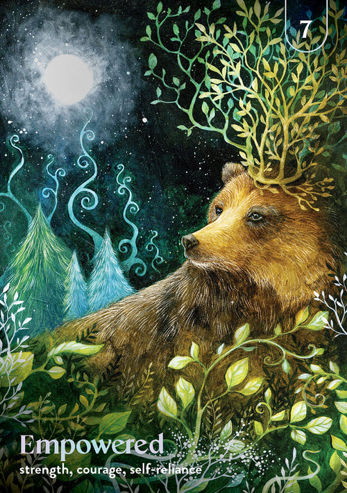 Artistic depiction of a bear in a forest with nature elements and the word 'Empowered' at the bottom.